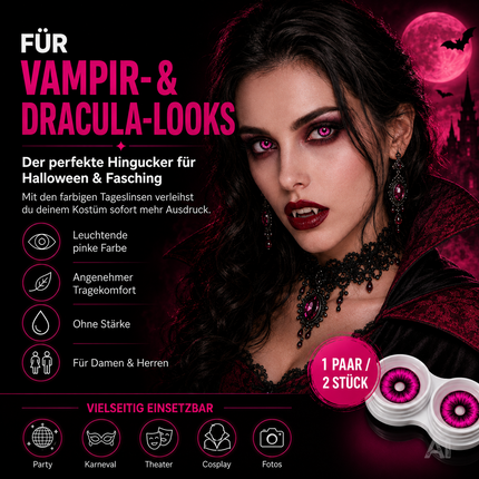 Pink Farbige & Geprüfte Kontaktlinsen - Grußlige Tageslinsen für Halloween & Fasching - ohne Stärke - Vampir & Dracula (Pink, 1 Paar / 2 Stück)