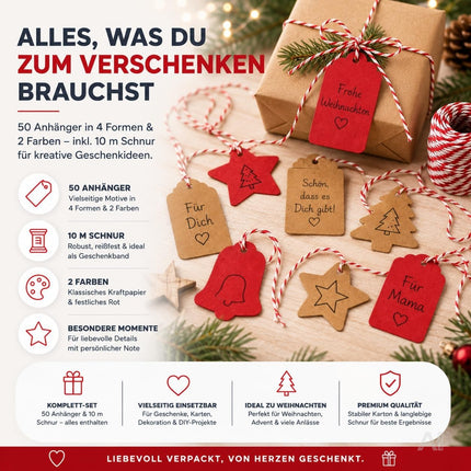 50x Weihnachtsanhänger mit 10 m Schnur – Geschenkanhänger zum Verzieren von Weihnachtsgeschenken, Geschenkdeko für Weihanchten & Advent (50 Set - Mod. 01)