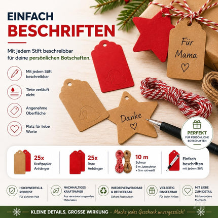 50x Weihnachtsanhänger mit 10 m Schnur – Geschenkanhänger zum Verzieren von Weihnachtsgeschenken, Geschenkdeko für Weihanchten & Advent (50 Set - Mod. 02)