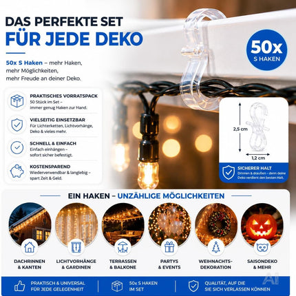 50x S-Haken für Lichterketten & Lichtvorhänge – Dachrinnenhaken zur Befestigung von Weihnachtsbeleuchtung, praktische Halterung für Weihnachtsdeko (50x S Haken)