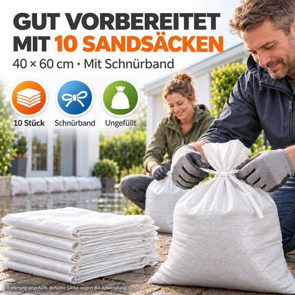 10x Sandsack bei Hochwasser - Hochwasserschutz mit Schnürband - 40x60 cm Sack & Gewebesack zum Wasserschutz ungefüllt