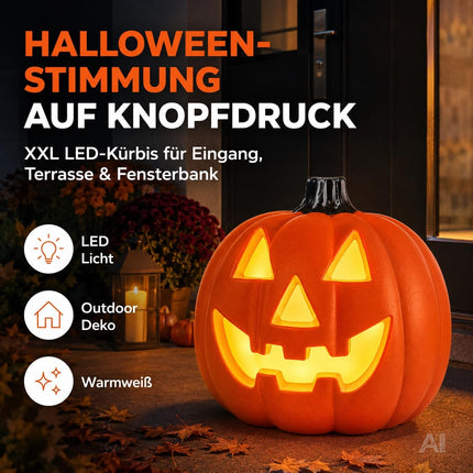 LED Kürbis Halloween Deko mit Beleuchtung – Leuchtender Halloween Kürbis aus Kunststoff für Fenster, Wohnzimmer, Garten & Balkon