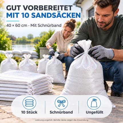 10x Sandsäcke 40x60 cm mit Schnürband zum Wasserschutz bei Hochwasser ungefüllt - Hochwasserschutz - Sack & Gewebesack