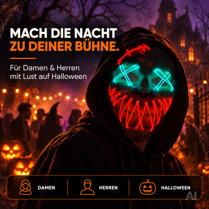 LED Halloween Clown Maske im Purge-Stil, steuerbare Leuchtmaske mit leuchtendem Gesicht für Herren & Damen, Kostüm-Accessoire für Fasching & Karneval (LED Horror Clown)