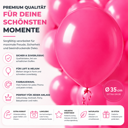 50x Luftballons pink Ø 35 cm für Geburtstag & Hochzeit & Party - Luft & Helium
