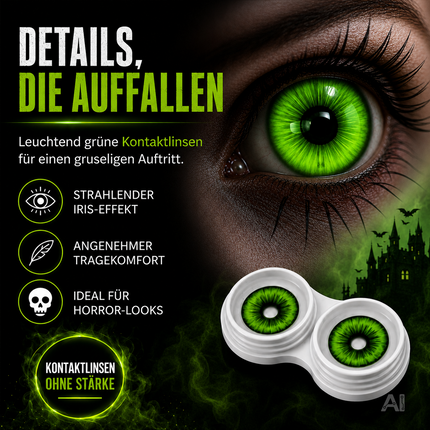 Grün Farbige & Geprüfte Kontaktlinsen - Gruselige Tageslinsen für Halloween & Fasching - ohne Stärke - Vampir & Dracula (Grün, 1 Paar / 2 Stück)