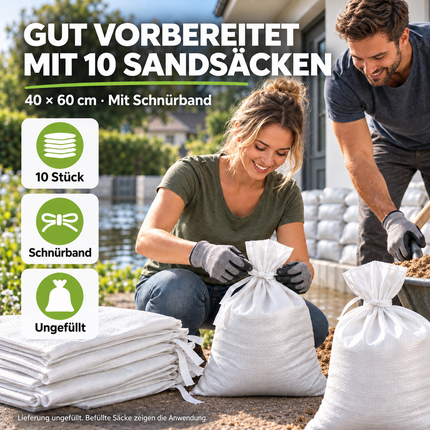 10x Sandsack 40x60 cm zum Wasserschutz bei Hochwasser - Hochwasserschutz mit Schnürband - Sack & Gewebesack ungefüllt