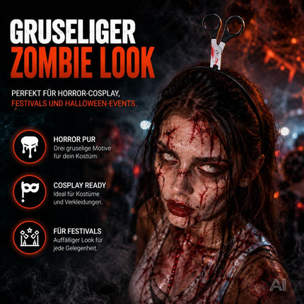 3 in 1 Halloween Horror Accessoire Set – Blutige Spritze, Messer & Schere – Grusel Zubehör für Halloween, Fasching & Kostüm