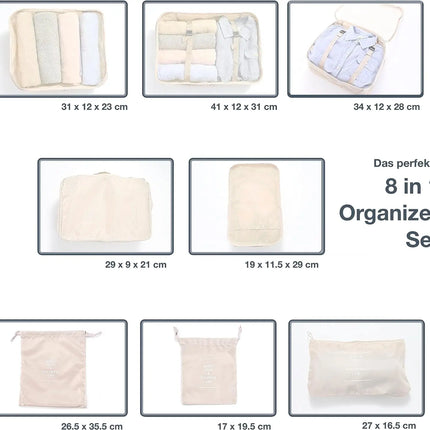 8er Set Koffer Organizer beige - mit Kosmetiktasche - Packtaschen - Packing Cubes