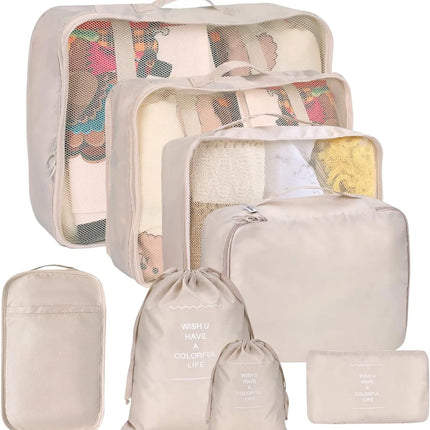 8er Set Koffer Organizer beige - mit Kosmetiktasche - Packtaschen - Packing Cubes