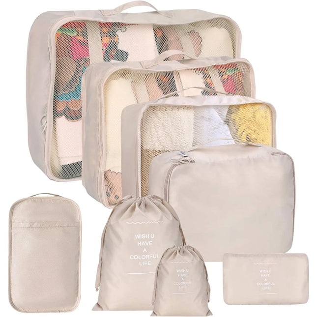 8er Set Koffer Organizer beige - mit Kosmetiktasche - Packtaschen - Packing Cubes