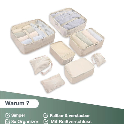 8er Set Koffer Organizer beige - mit Kosmetiktasche - Packtaschen - Packing Cubes