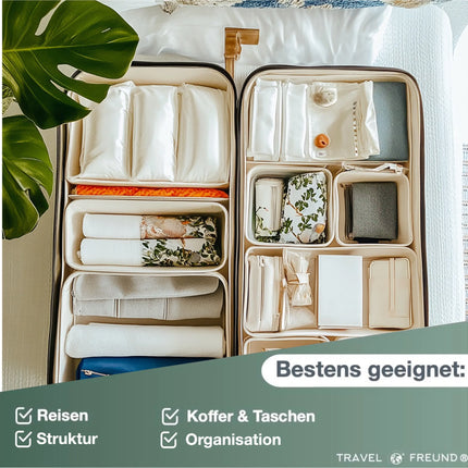 8er Set Koffer Organizer beige - mit Kosmetiktasche - Packtaschen - Packing Cubes