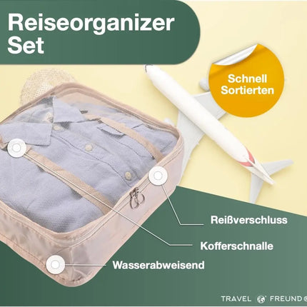 8er Set Koffer Organizer beige - mit Kosmetiktasche - Packtaschen - Packing Cubes