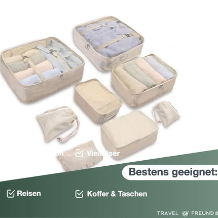 8er Set Koffer Organizer beige - mit Kosmetiktasche - Packtaschen - Packing Cubes