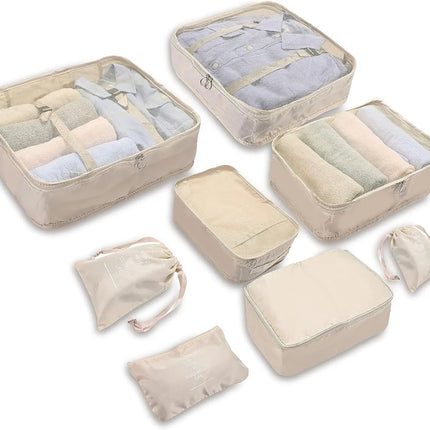 8er Set Koffer Organizer beige - mit Kosmetiktasche - Packtaschen - Packing Cubes
