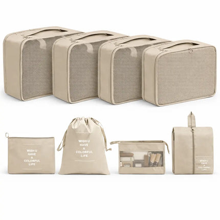 8er Set Koffer Organizer beige - mit Kosmetiktasche - Packtaschen - Packing Cubes