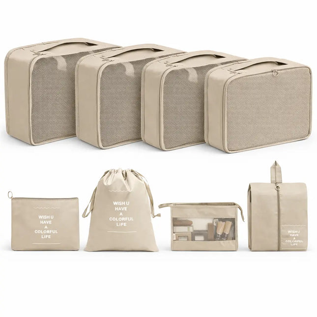 8er Set Koffer Organizer beige - mit Kosmetiktasche - Packtaschen - Packing Cubes