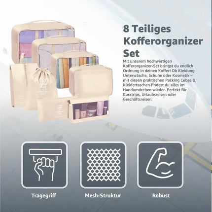 8er Set Koffer Organizer beige - mit Kosmetiktasche - Packtaschen - Packing Cubes