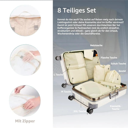 8er Set Koffer Organizer beige - mit Kosmetiktasche - Packtaschen - Packing Cubes