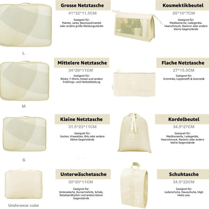 8er Set Koffer Organizer beige - mit Kosmetiktasche - Packtaschen - Packing Cubes