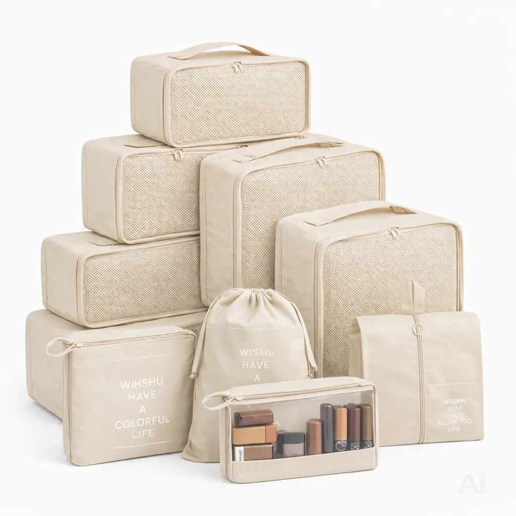 8er Set Koffer Organizer beige - mit Kosmetiktasche - Packtaschen - Packing Cubes