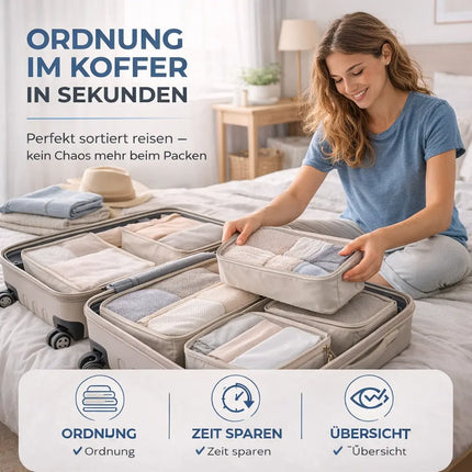 8er Set Koffer Organizer beige - mit Kosmetiktasche - Packtaschen - Packing Cubes