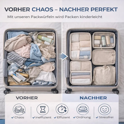 8er Set Koffer Organizer beige - mit Kosmetiktasche - Packtaschen - Packing Cubes