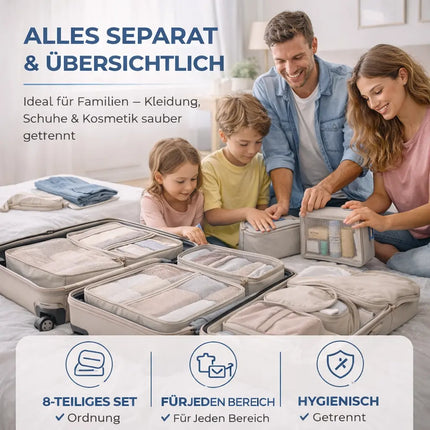 8er Set Koffer Organizer beige - mit Kosmetiktasche - Packtaschen - Packing Cubes