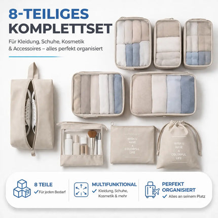 8er Set Koffer Organizer beige - mit Kosmetiktasche - Packtaschen - Packing Cubes