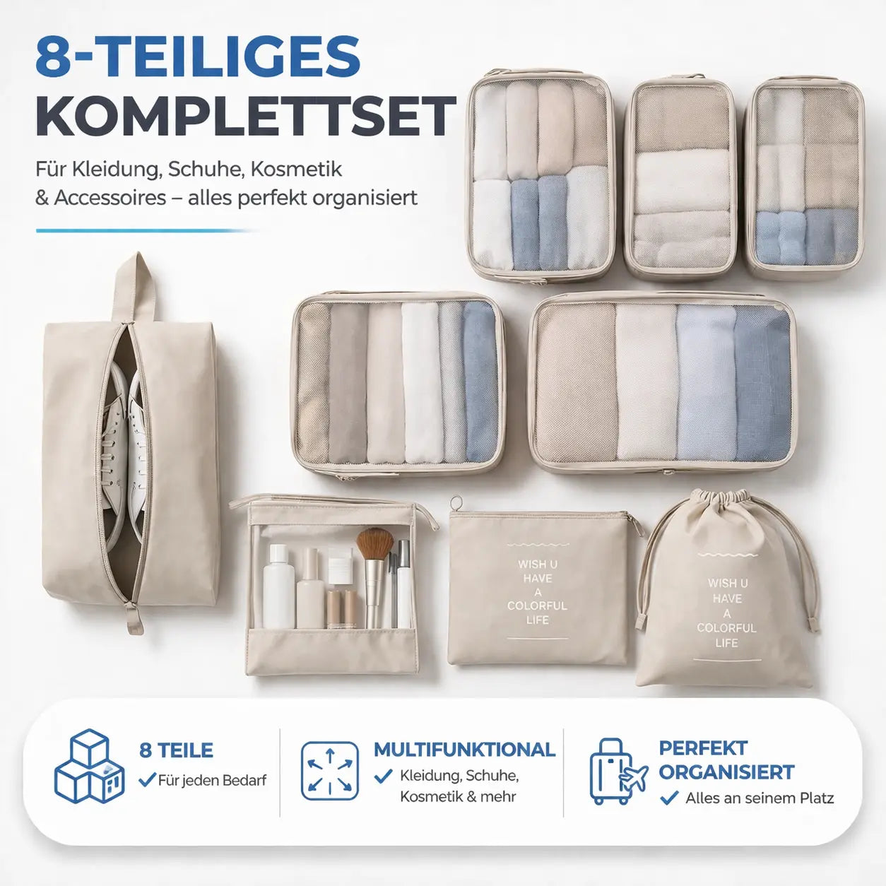 aufbewahrung für koffer 8er Set Koffer Organizer beige - mit Kosmetiktasche - Packtaschen