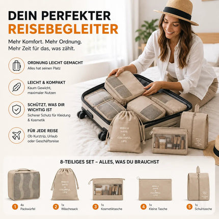 8er Set Koffer Organizer beige - mit Kosmetiktasche - Packtaschen - Packing Cubes