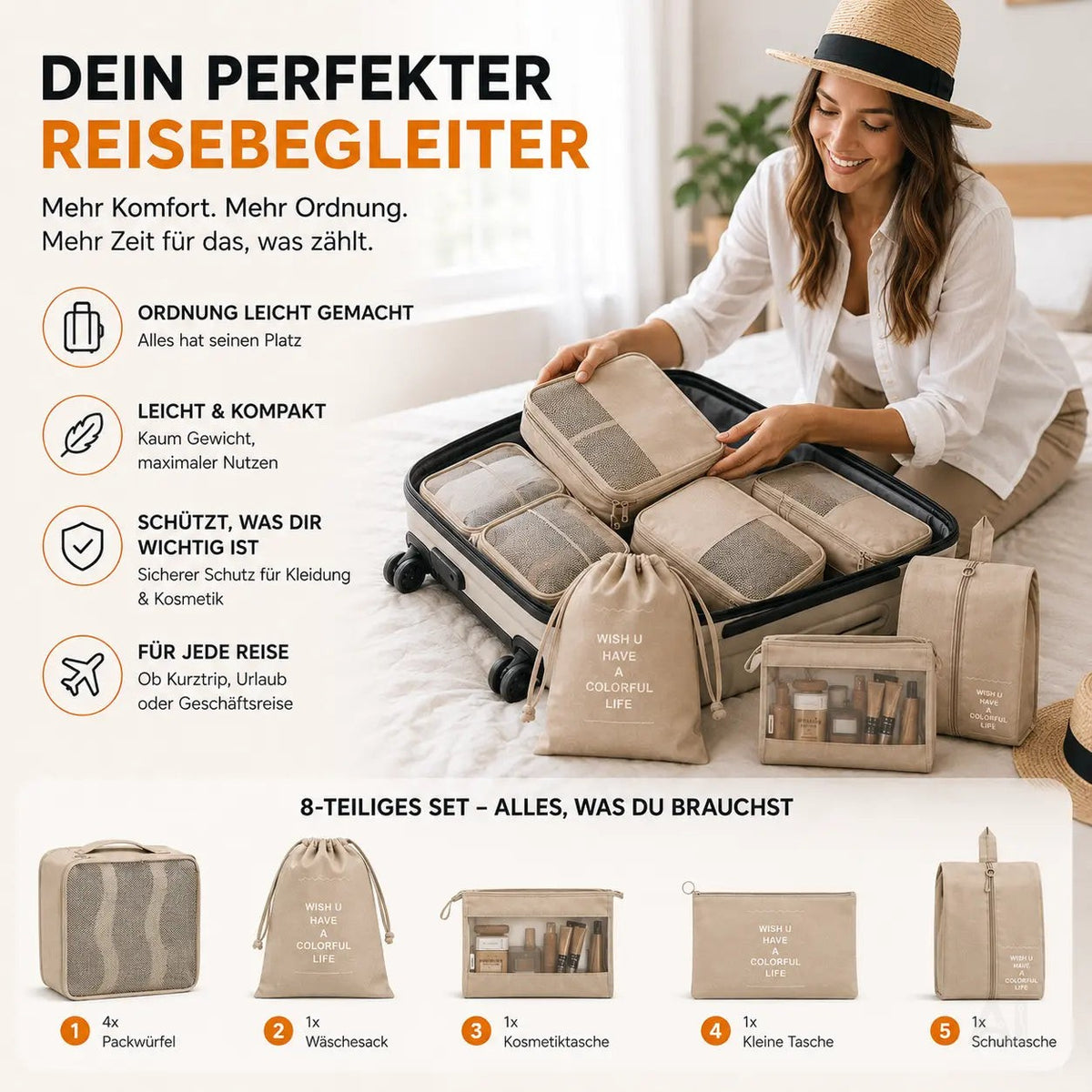 8er Set Koffer Organizer beige - mit Kosmetiktasche - Packtaschen - Packing Cubes – Detailansicht 3