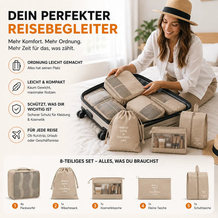 8er Set Koffer Organizer beige - mit Kosmetiktasche - Packtaschen - Packing Cubes