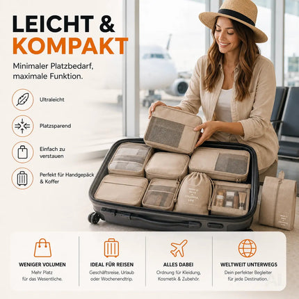 8er Set Koffer Organizer beige - mit Kosmetiktasche - Packtaschen - Packing Cubes