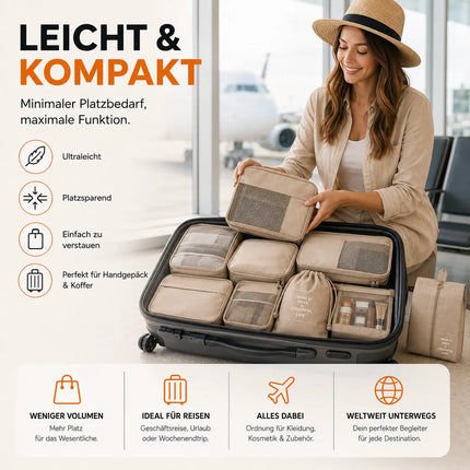 8er Set Koffer Organizer beige - mit Kosmetiktasche - Packtaschen - Packing Cubes