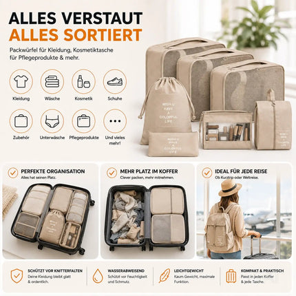 8er Set Koffer Organizer beige - mit Kosmetiktasche - Packtaschen - Packing Cubes