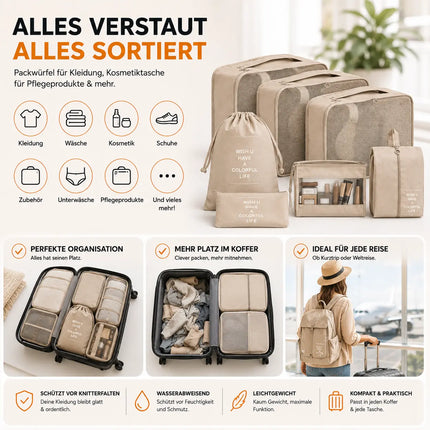 8er Set Koffer Organizer beige - mit Kosmetiktasche - Packtaschen - Packing Cubes