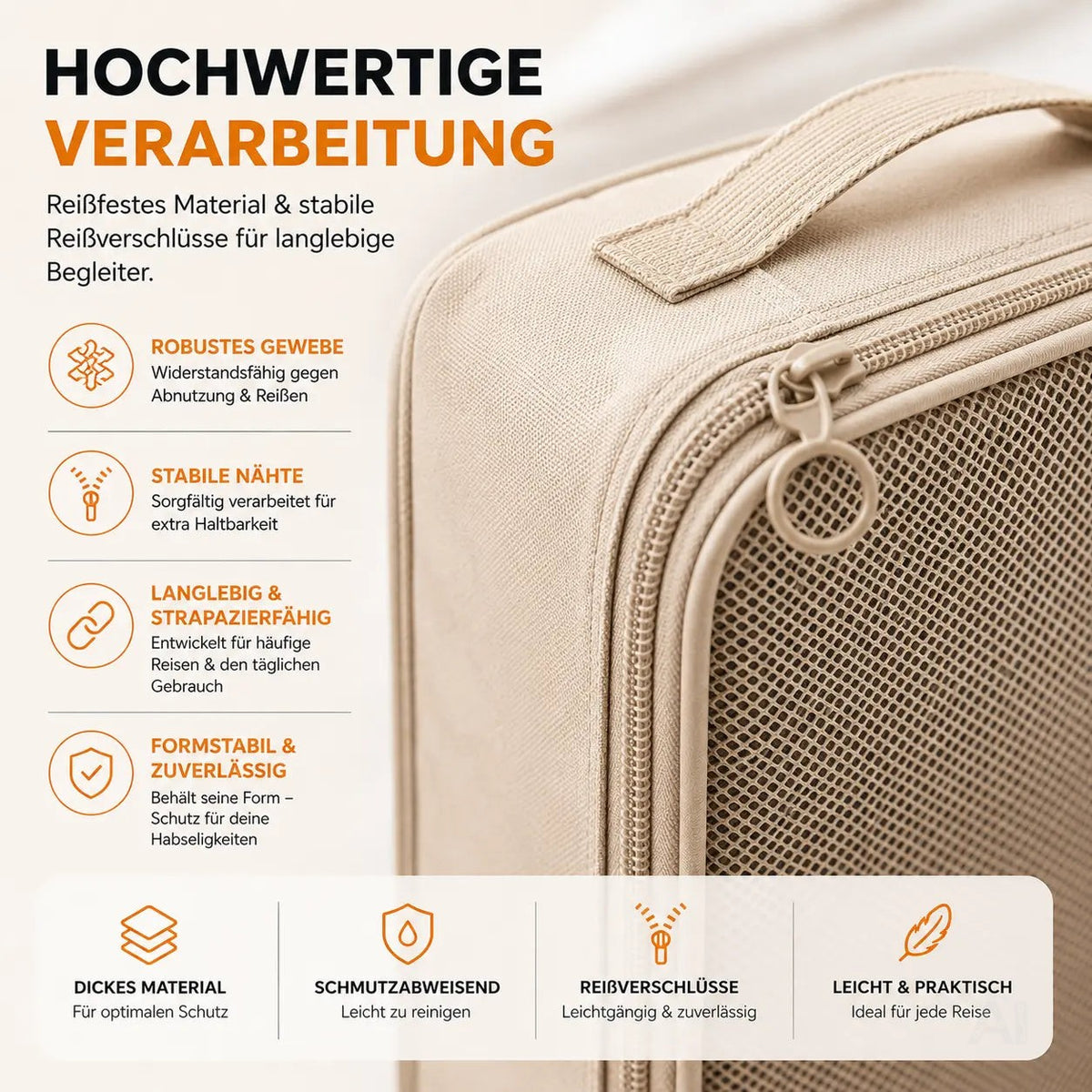 8er Set Koffer Organizer beige - mit Kosmetiktasche - Packtaschen - Packing Cubes – Detailansicht 6