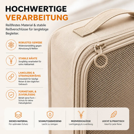 8er Set Koffer Organizer beige - mit Kosmetiktasche - Packtaschen - Packing Cubes