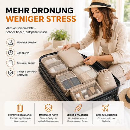 8er Set Koffer Organizer beige - mit Kosmetiktasche - Packtaschen - Packing Cubes