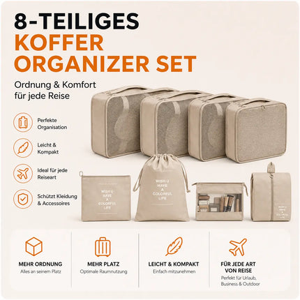 8er Set Koffer Organizer beige - mit Kosmetiktasche - Packtaschen - Packing Cubes