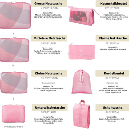 8er Set Kofferorganizer Packtaschen mit Kosmetiktasche - Packtaschen - Packing Cubes - Reiseorganizer & Kleidertaschen für Reisen - Travel Bag