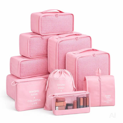 8er Set Kofferorganizer Packtaschen mit Kosmetiktasche - Packtaschen - Packing Cubes - Reiseorganizer & Kleidertaschen für Reisen - Travel Bag (Pink)