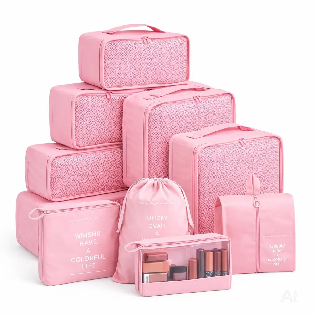 8er Set Kofferorganizer Packtaschen mit Kosmetiktasche - Packtaschen - Packing Cubes - Reiseorganizer & Kleidertaschen für Reisen - Travel Bag (Pink)