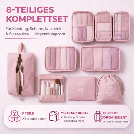8er Set Kofferorganizer Packtaschen mit Kosmetiktasche - Packtaschen - Packing Cubes - Reiseorganizer & Kleidertaschen für Reisen - Travel Bag (Pink)