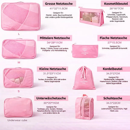 8er Set Kofferorganizer Packtaschen mit Kosmetiktasche - Packtaschen - Packing Cubes - Reiseorganizer & Kleidertaschen für Reisen - Travel Bag (Pink)
