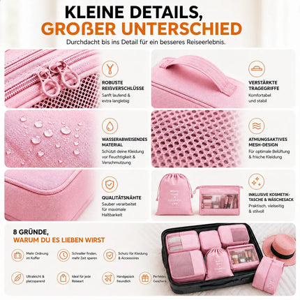 8er Set Kofferorganizer Packtaschen mit Kosmetiktasche - Packtaschen - Packing Cubes - Reiseorganizer & Kleidertaschen für Reisen - Travel Bag (Pink)
