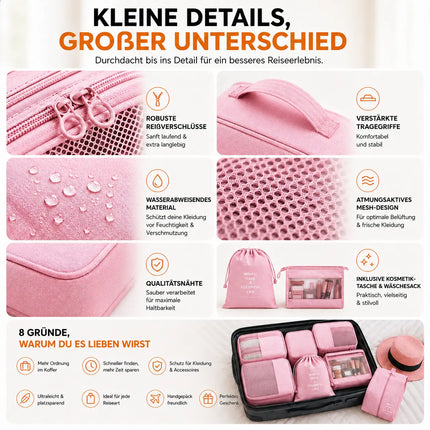 8er Set Kofferorganizer Packtaschen mit Kosmetiktasche - Packtaschen - Packing Cubes - Reiseorganizer & Kleidertaschen für Reisen - Travel Bag (Pink)