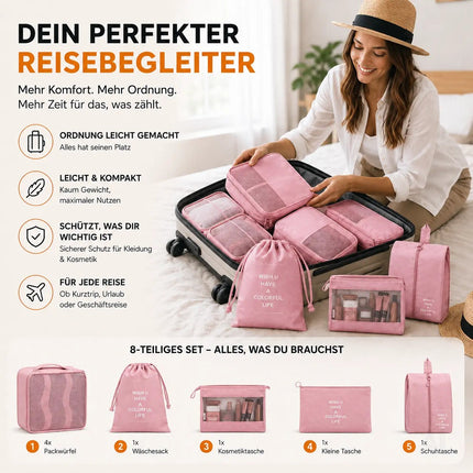 8er Set Kofferorganizer Packtaschen mit Kosmetiktasche - Packtaschen - Packing Cubes - Reiseorganizer & Kleidertaschen für Reisen - Travel Bag (Pink)